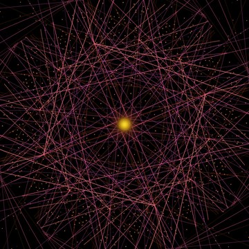 Luminous Geometries: rose-gold threads webbed around a glowing golden core, with amber accent dots on black
