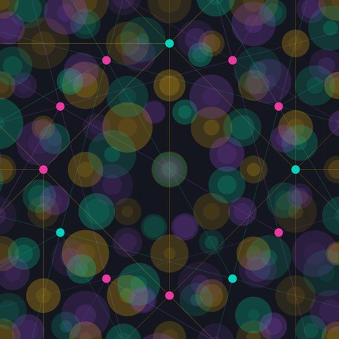Seeded Geometries: overlapping translucent circles in violet, teal and gold over a fine grid
